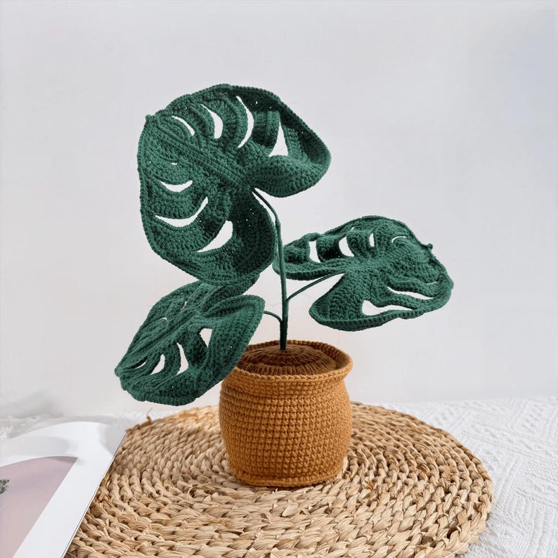 Cây monstera len móc để bàn 30 cm – kèm chậu