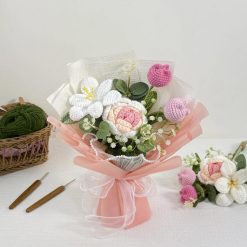 Set 4 bó hoa len móc – hoa hồng & tulip, 25x30 cm